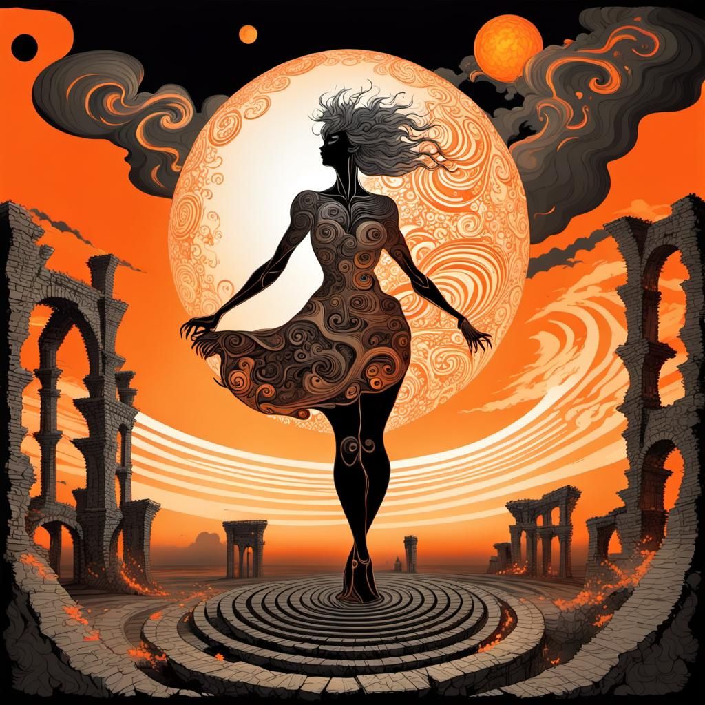 Old Dancer in Ruins with Orange Sun