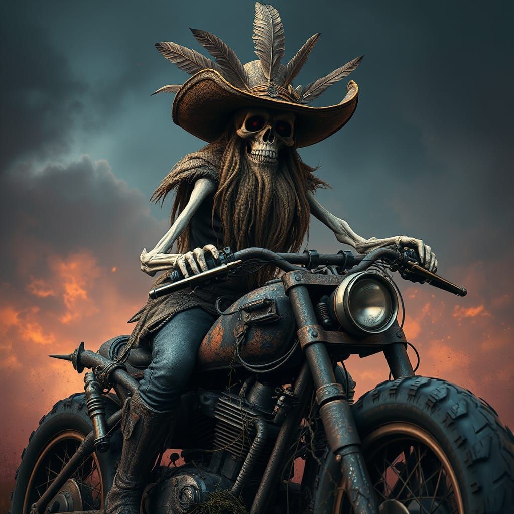 Battle-Worn Skeleton Biker in Gritty High-Fantasy Style