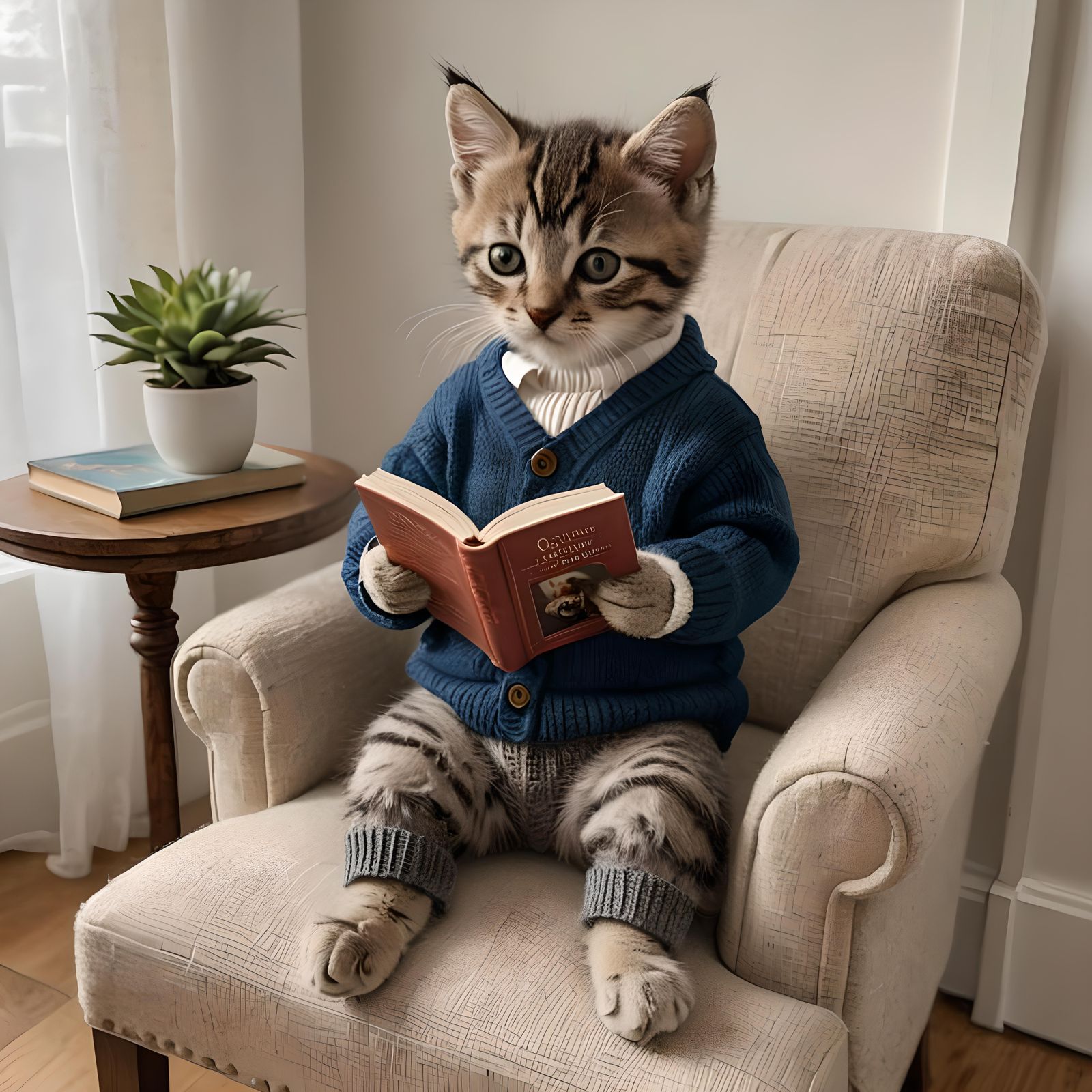 Kitten Reads a Book Wearing Clothes