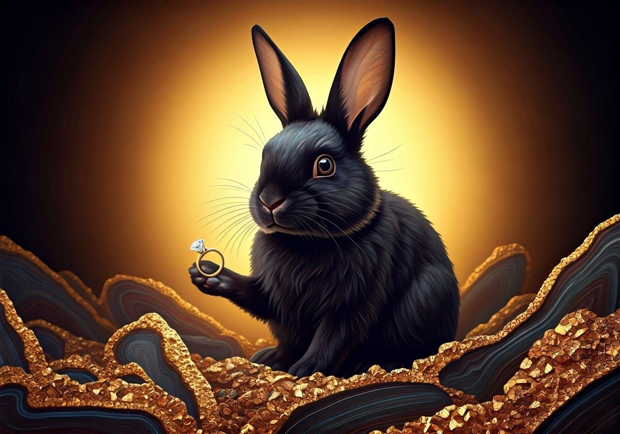 Black Rabbit with Diamond Ring in Art Nouveau Style