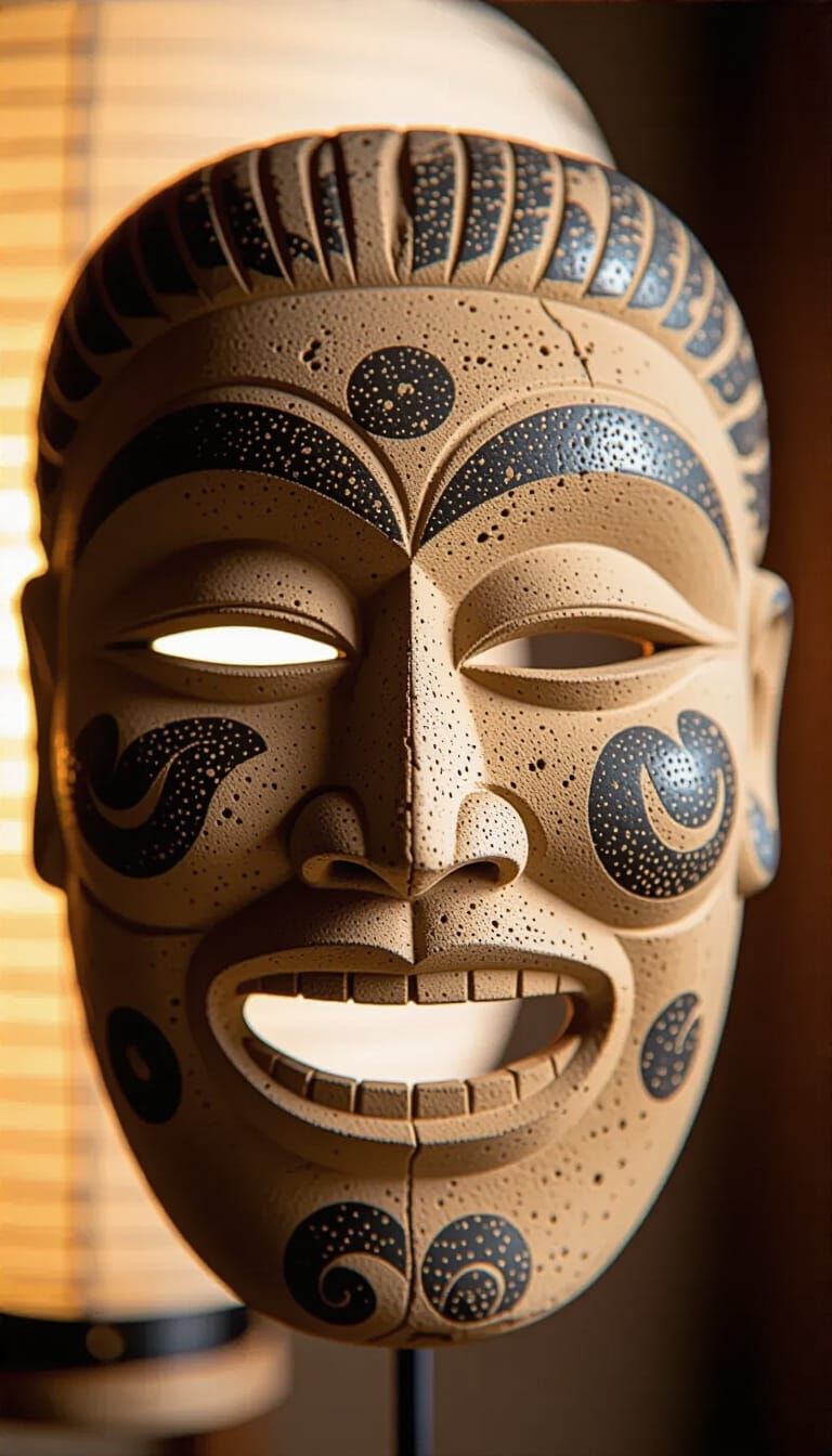 Serene Jomon Terracotta Mask with Enigmatic Smile