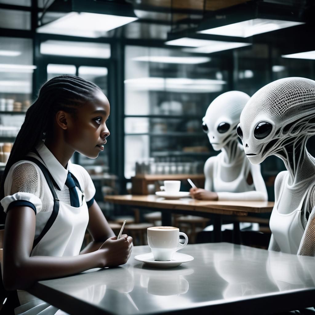Schoolgirl and White Mesh Aliens in Cafe
