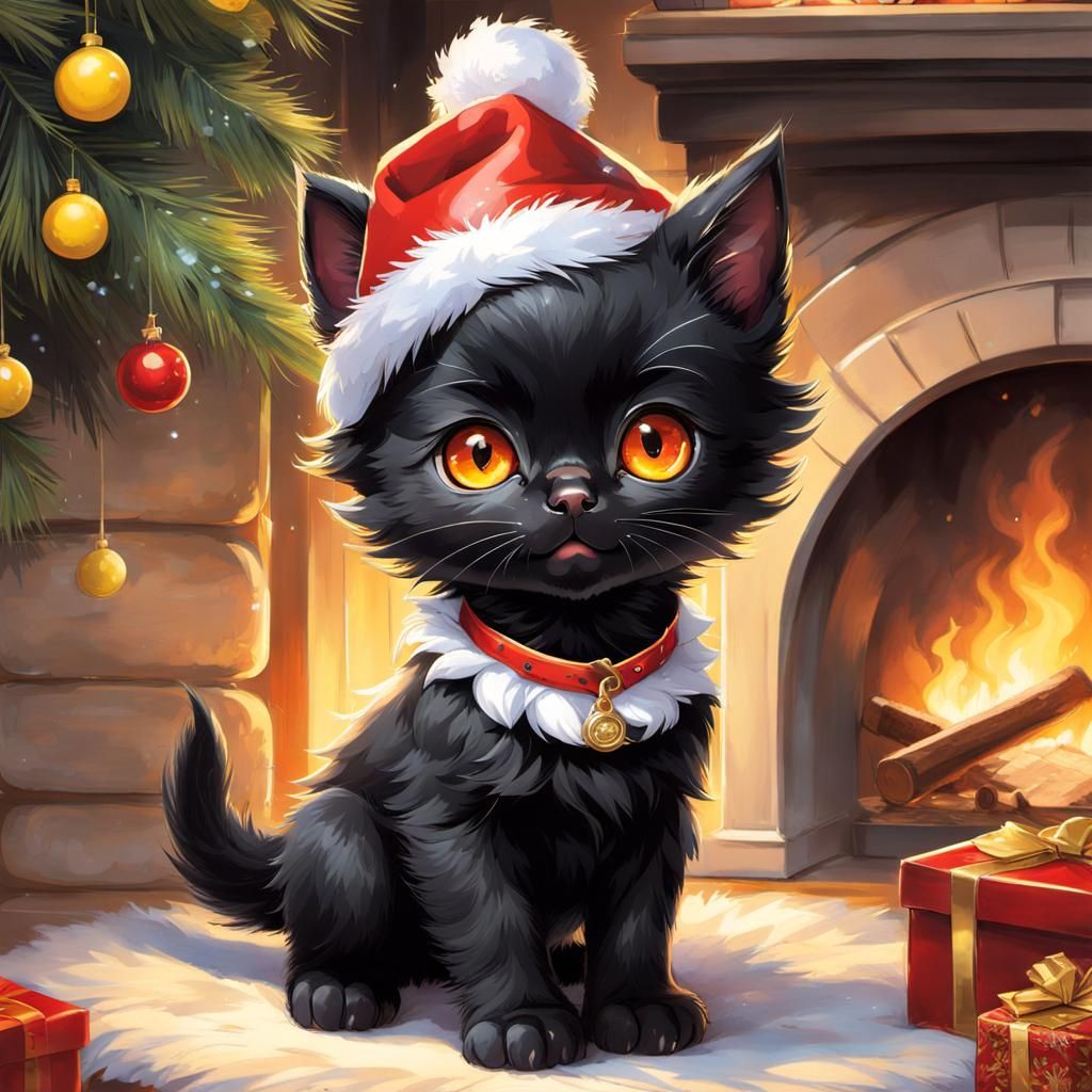 Black Kitten with Santa Hat in Anime Style