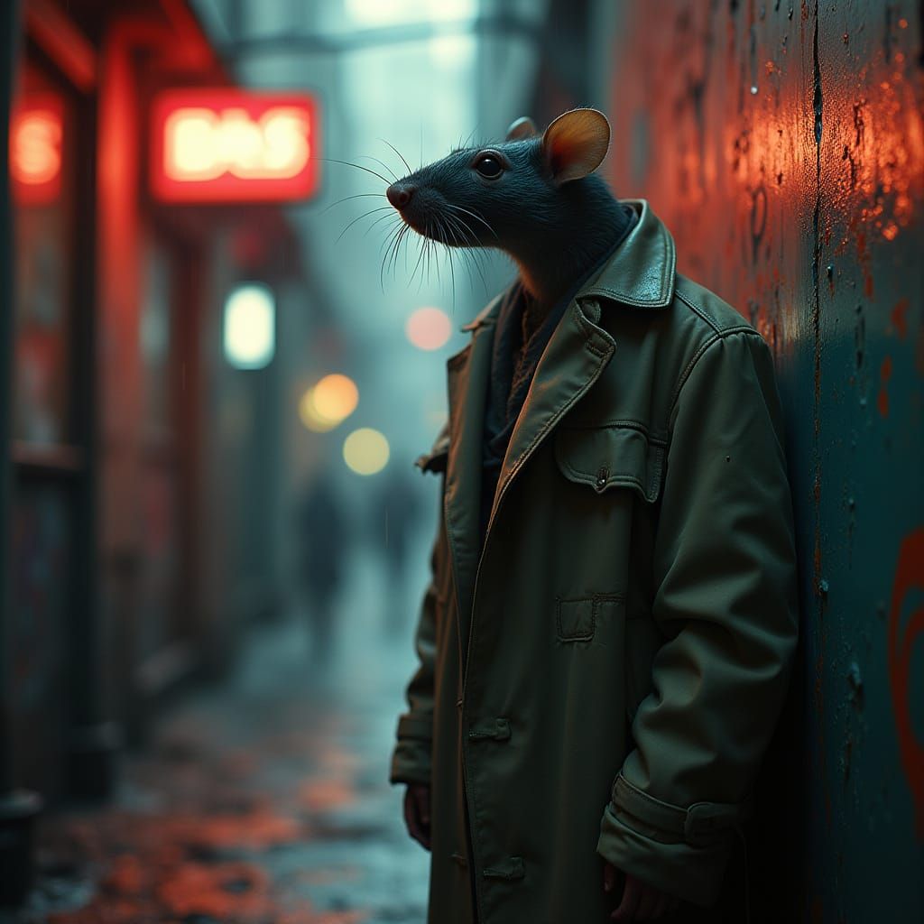 Rat Detective in Noir Alleyway