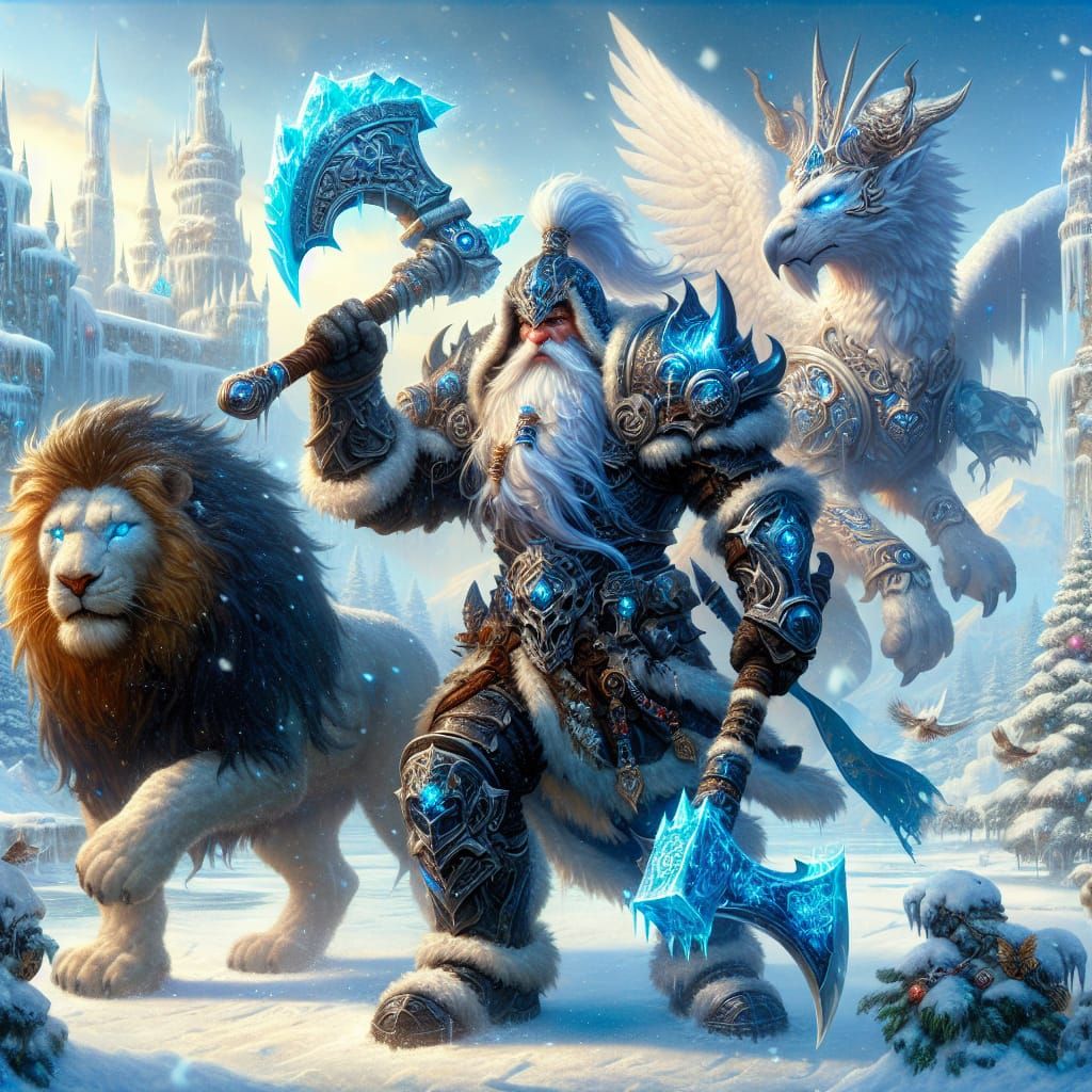 Dwarf Warrior, Lion, and Griffin in Winter Arena