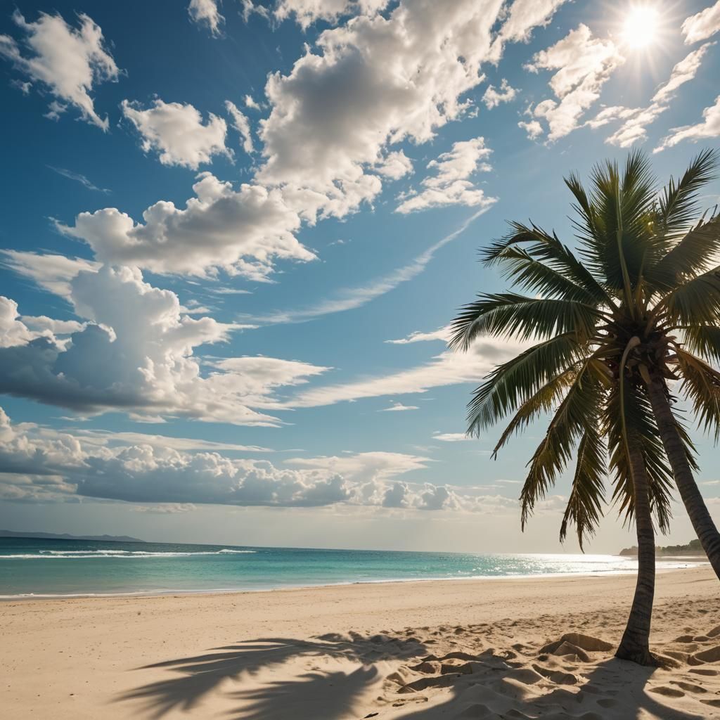 Beach Paradise: Blue Water, Sand, and Palm Tree
