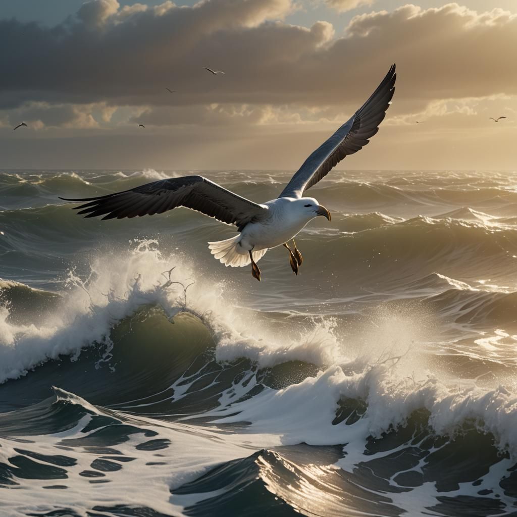 Albatross Flight Over Ocean Waves in Golden Light
