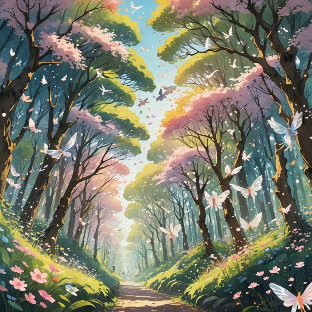 Anime Blossom Forest with Fairies in Watercolor Style