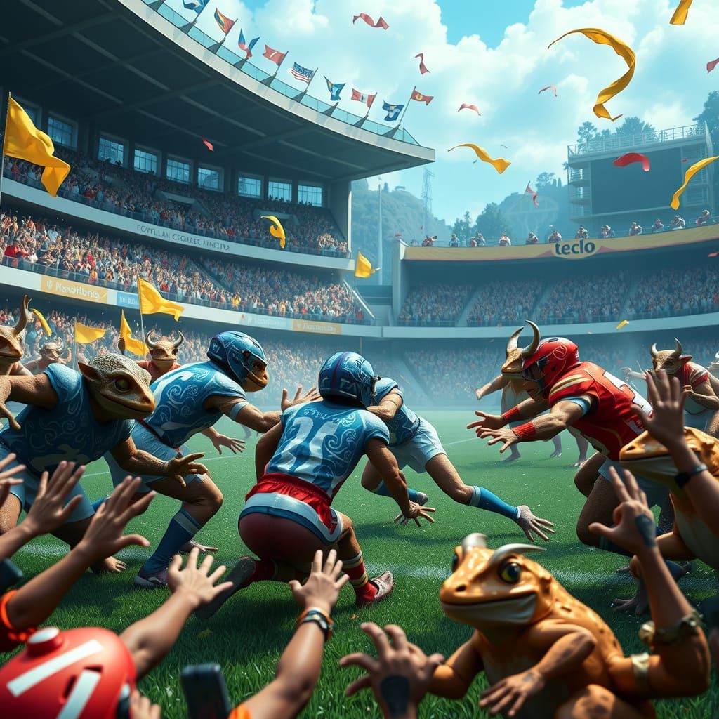 Surreal Rugby Match in a Lush Stadium with Toad and Frog Tea...