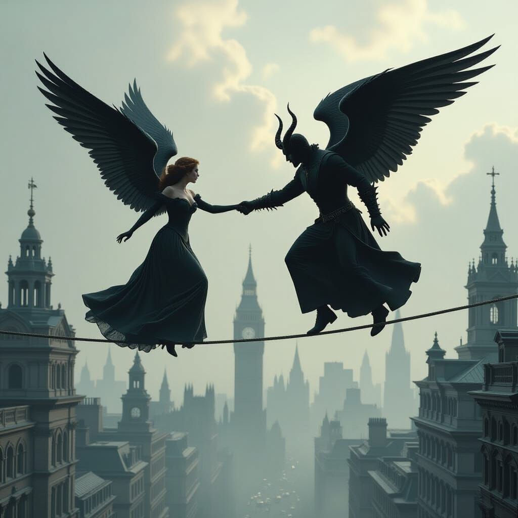 Angel and Demon Face Off on Tightrope