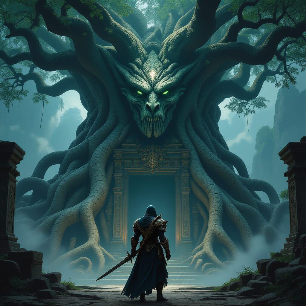 Neo-Baroque Warrior at Ancient Tree Temple Entrance