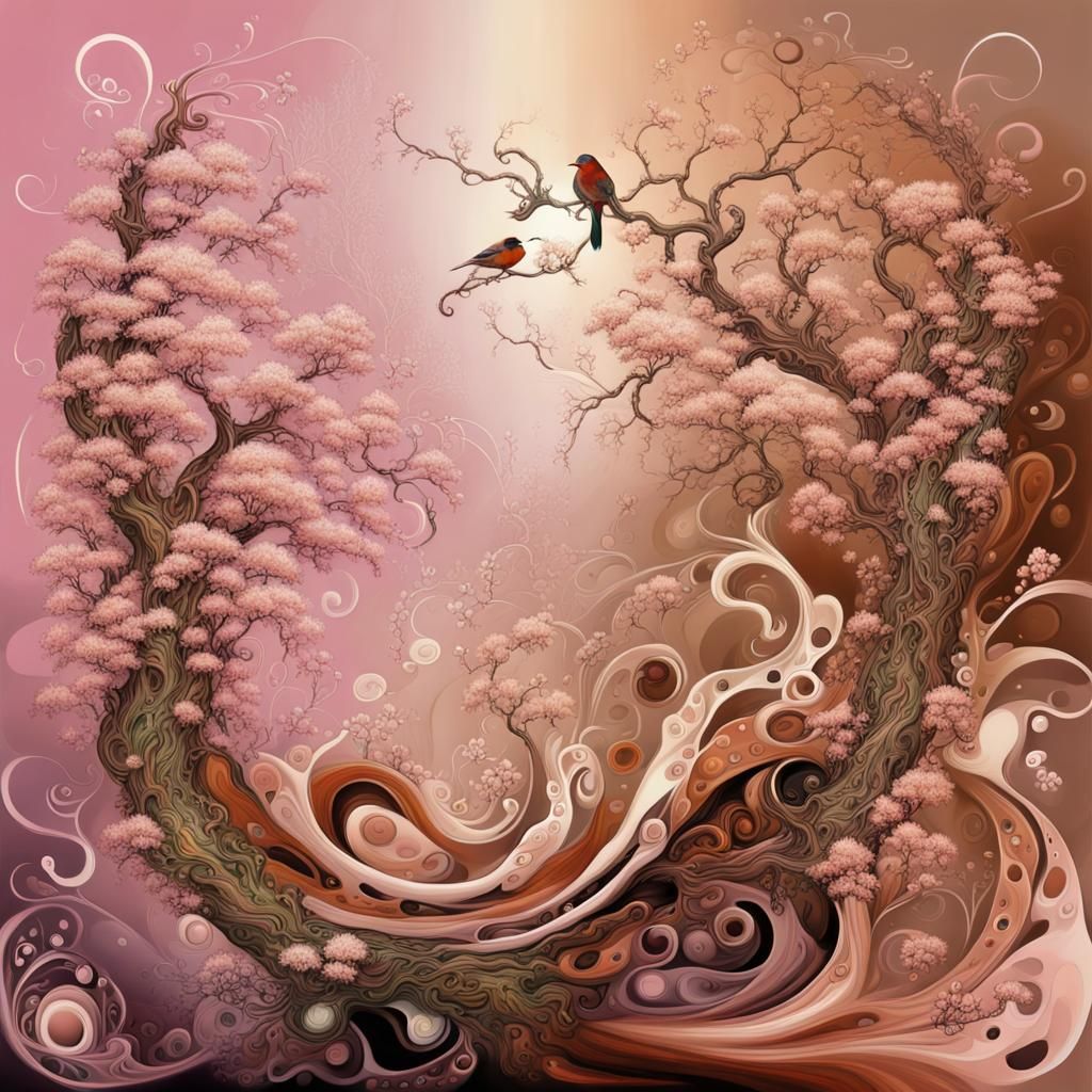 Abstract Surreal Dreamscape of Birds and Waterfalls