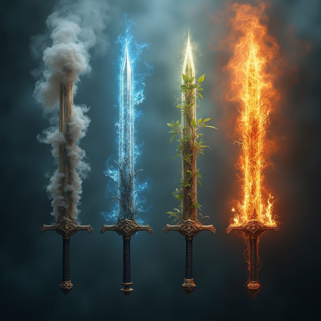 Ethereal Elemental Swords in a Moody, Cinematic Scene