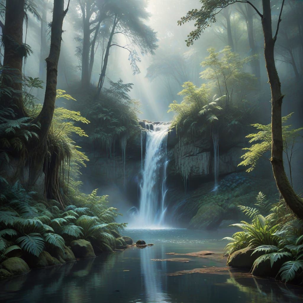 Mysterious Waterfall in Foggy Forest, Watercolor Style