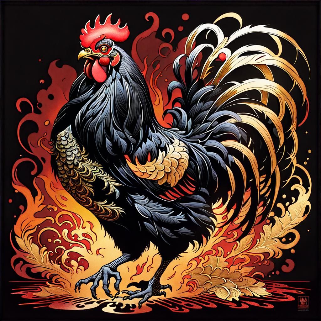 Dramatic Black Rooster Art Nouveau Silkscreen Print