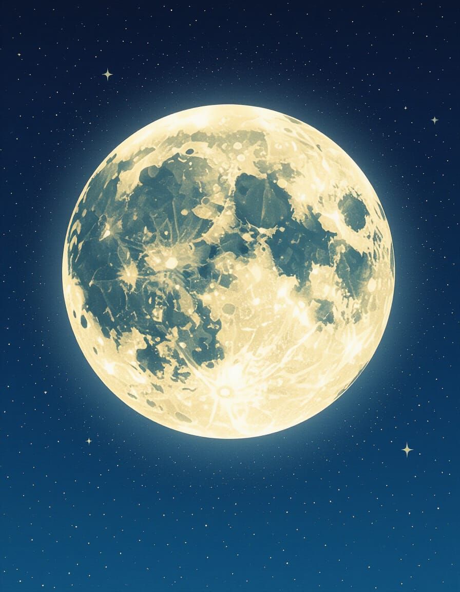 Vintage Anime Moon with Geometric Patterns