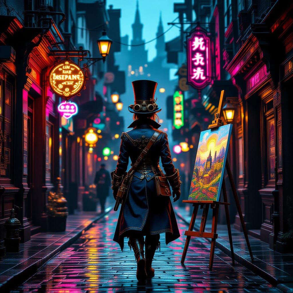 Steampunk Painter on Neon-Lit Cobblestone Street