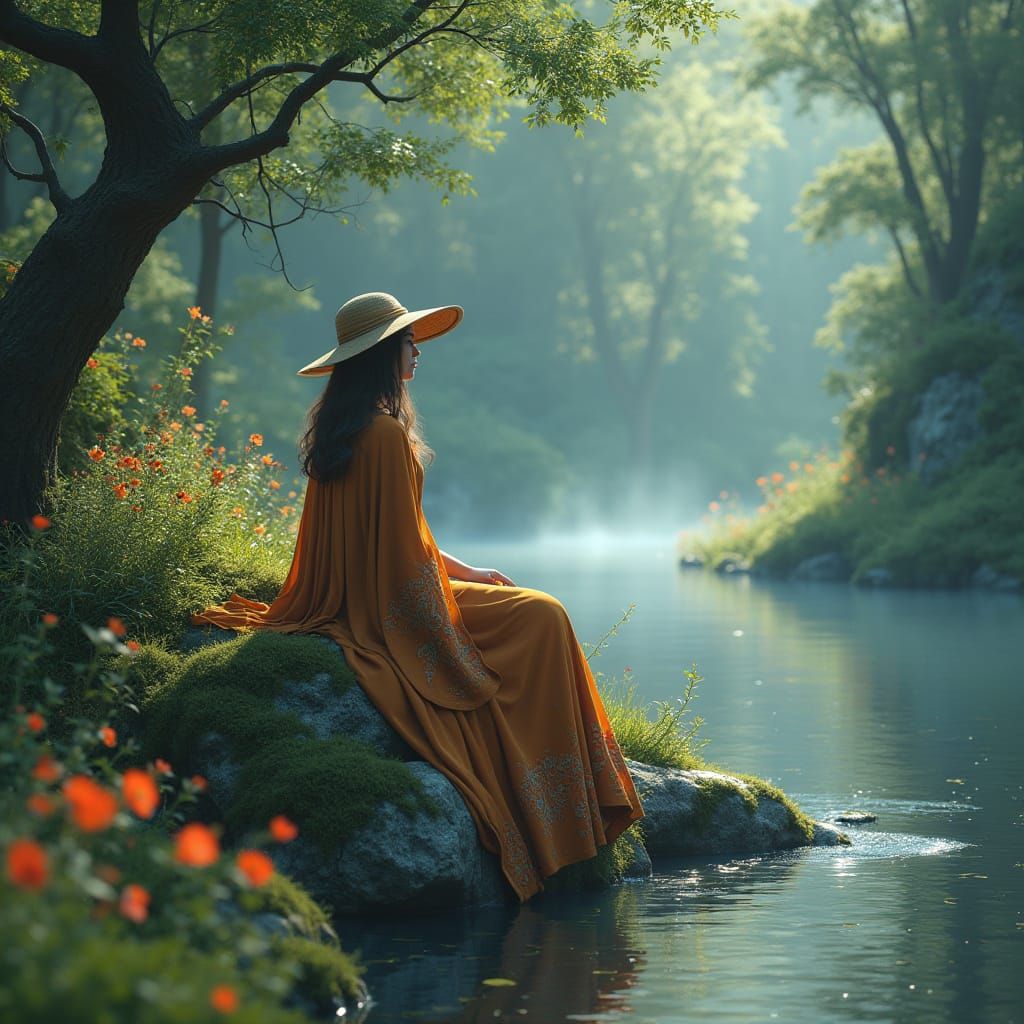 Ethereal Lady on Riverbank in Dreamlike Landscape
