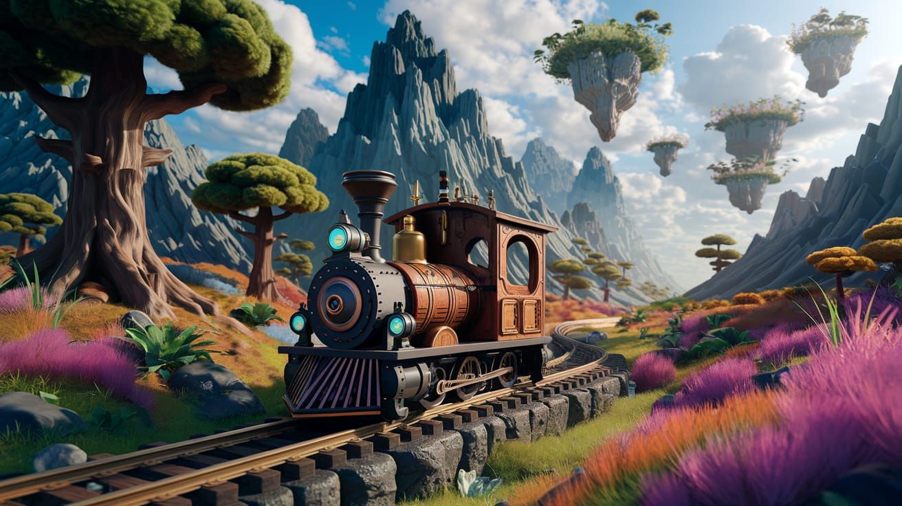 Fantastical Landscape with Miniature Wooden Locomotive as 3D...