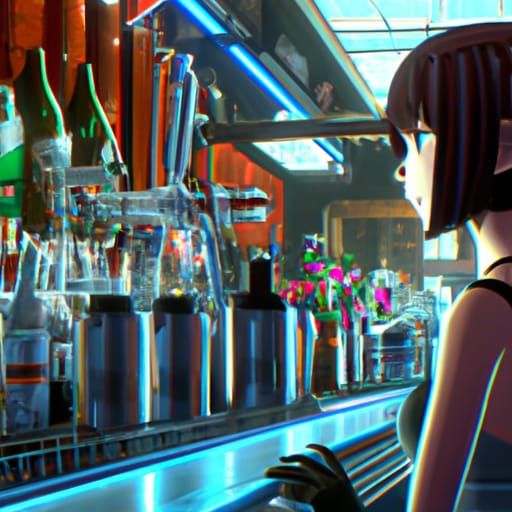 Cyborg Bartender in Studio Ghibli Anime Style
