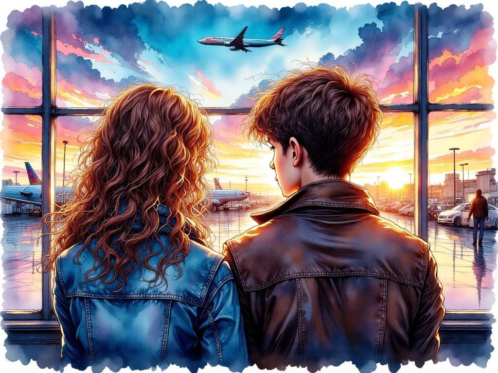 Vibrant Twins Wait at Airport Gate in Ink Drawing Style