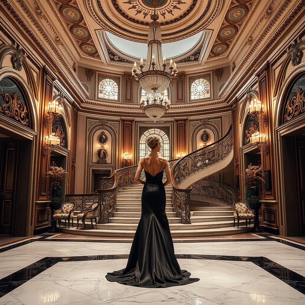 Elegant Woman in Lavish Foyer Inspired by Zaha Hadid