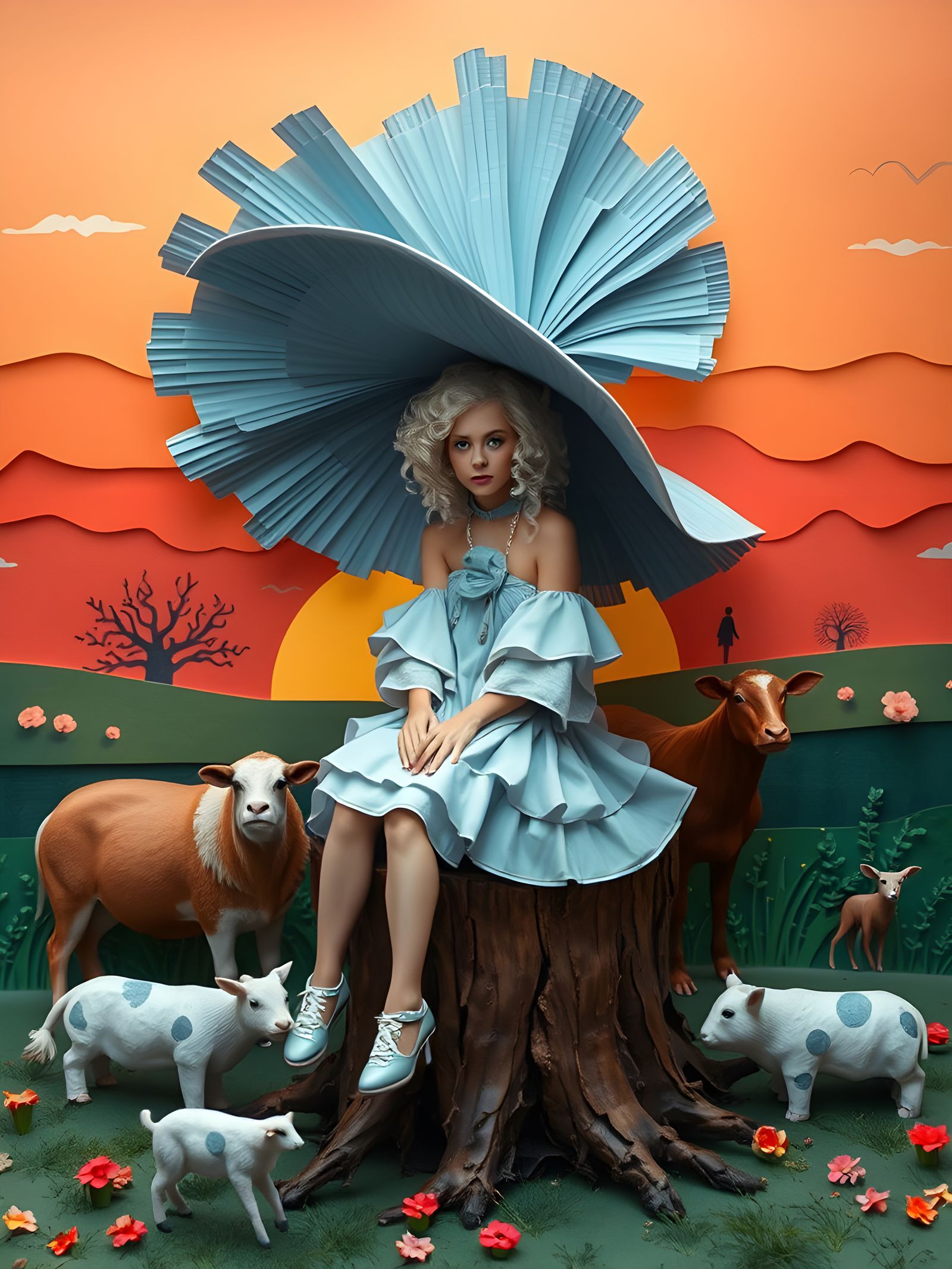 Extravagant Farm Girl in Crepe Paper Collage