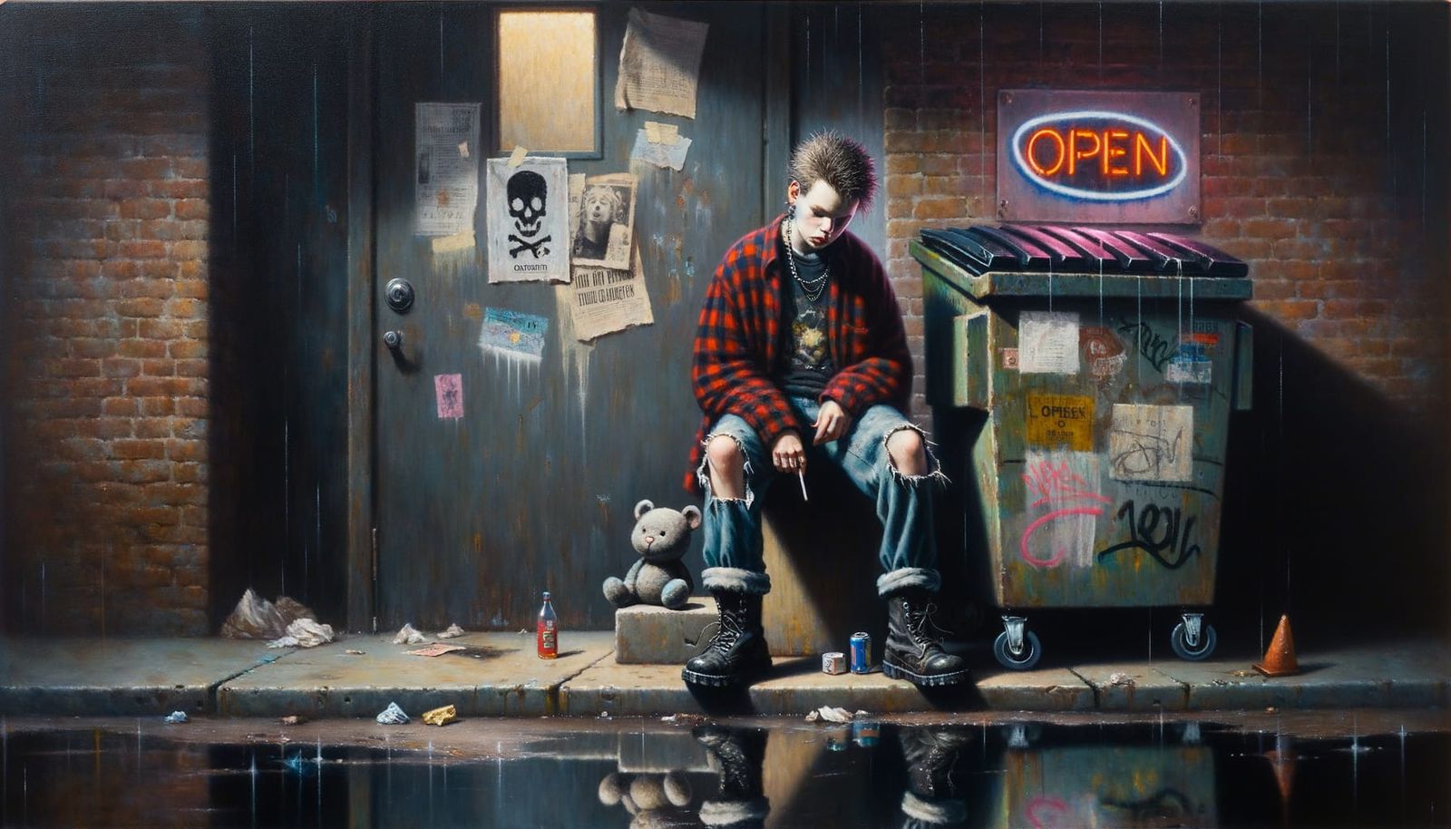 Grunge Alleyway Scene in Moody Acrylic Painting