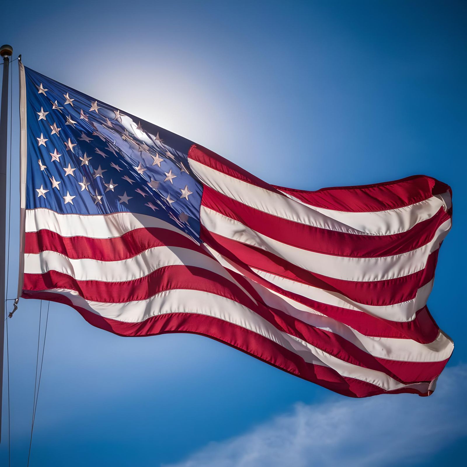 American Flag Waving in Blue Sky: 64MP Photo