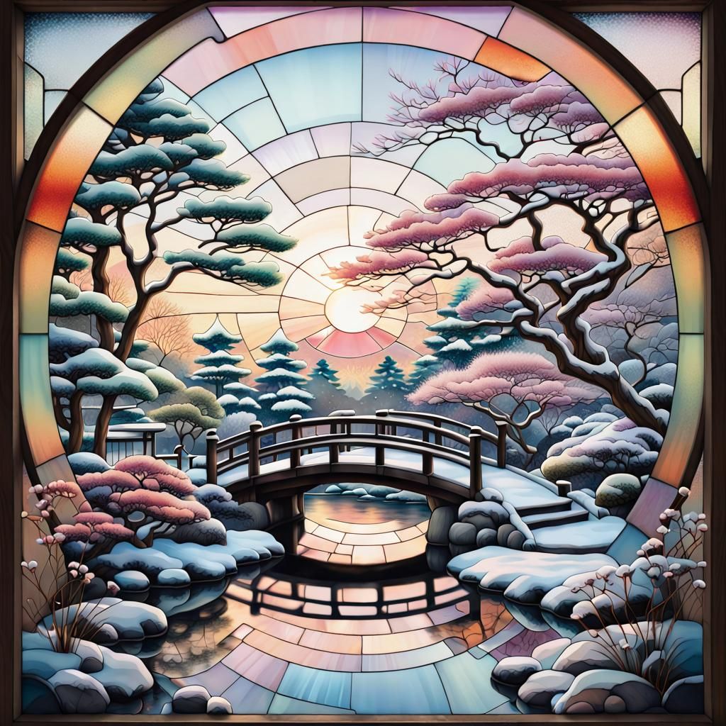 Stained-Glass Japanese Garden Winter Sunset