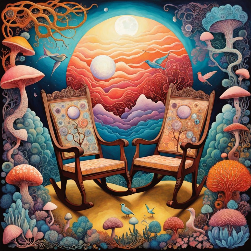 Rocking Chairs Entwined with Nature in Surrealcore Style