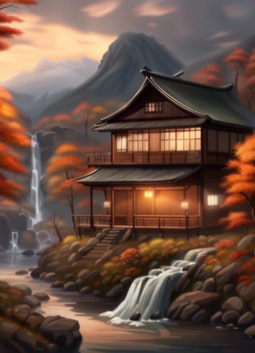 Mountain Hunting Lodge in Autumn Landscape