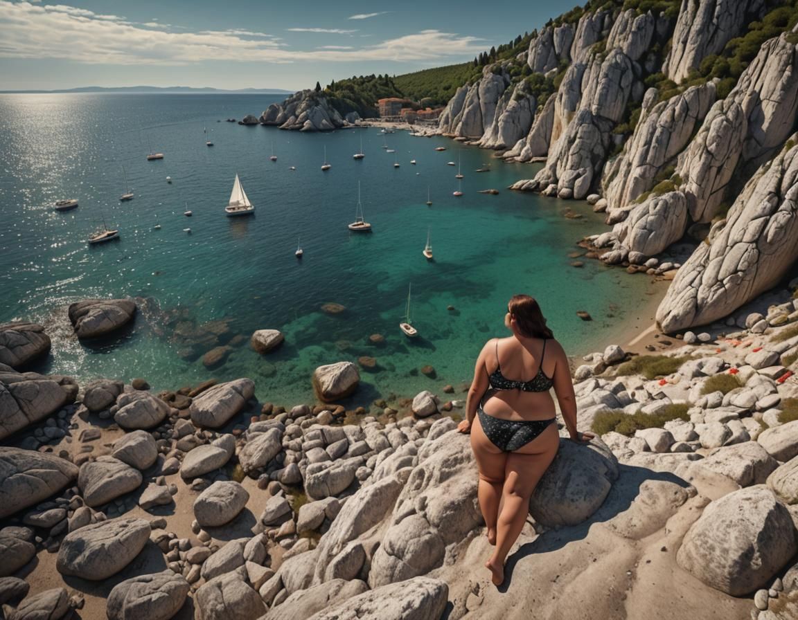 Woman Sunbathing on Croatian Beach: Digital Matte Painting