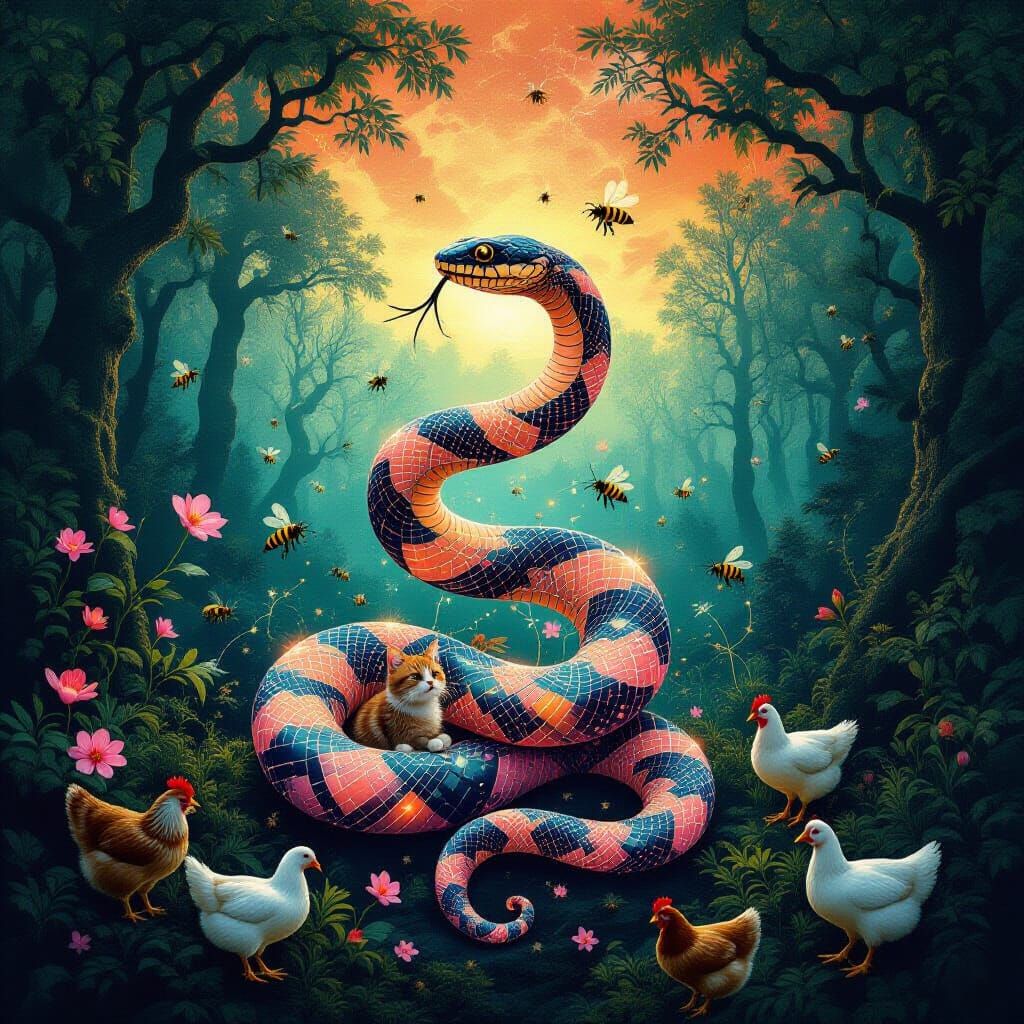 Surreal Bio-Art Snake in Trance Embracing Transformation