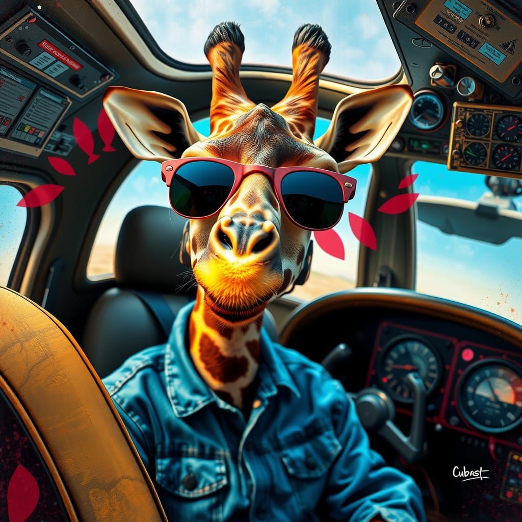 Giraffe Pilot in Retro Airplane Cockpit