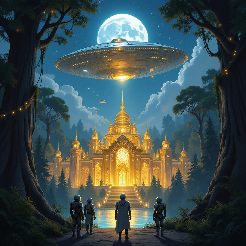 Luminous Golden Palace in Giant Forest Under Moon