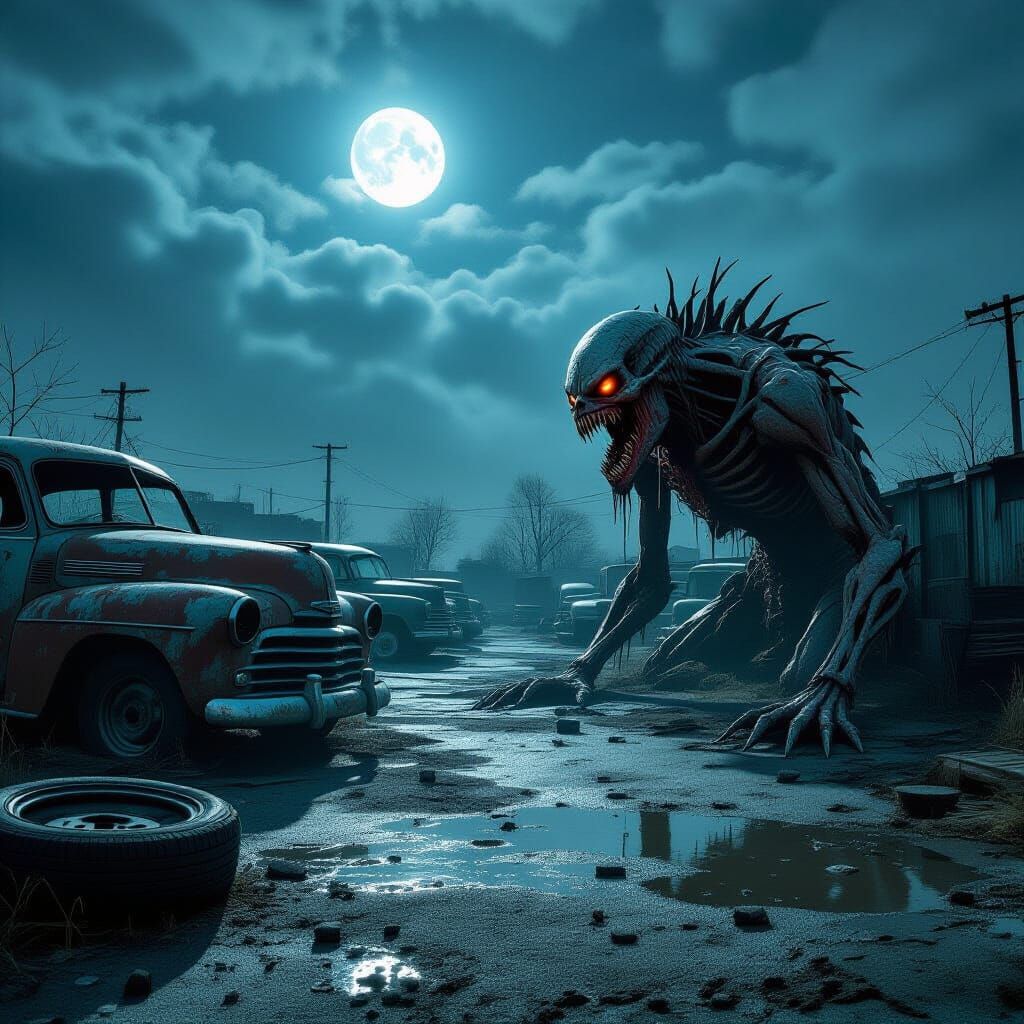 Eerie Junkyard Cryptid in Hyperrealistic 8K Detail