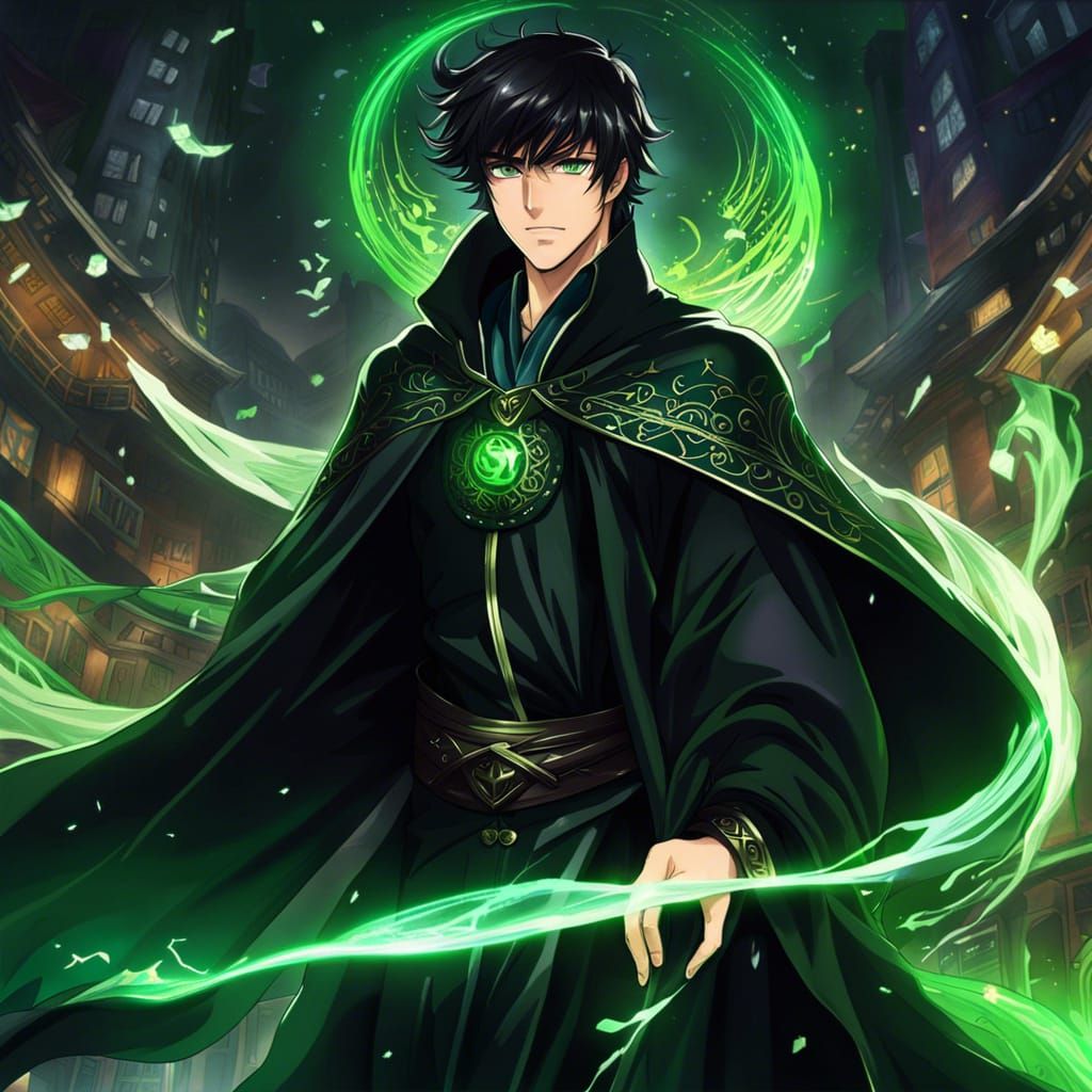 Anime Man in Black Robes with Wind Magic