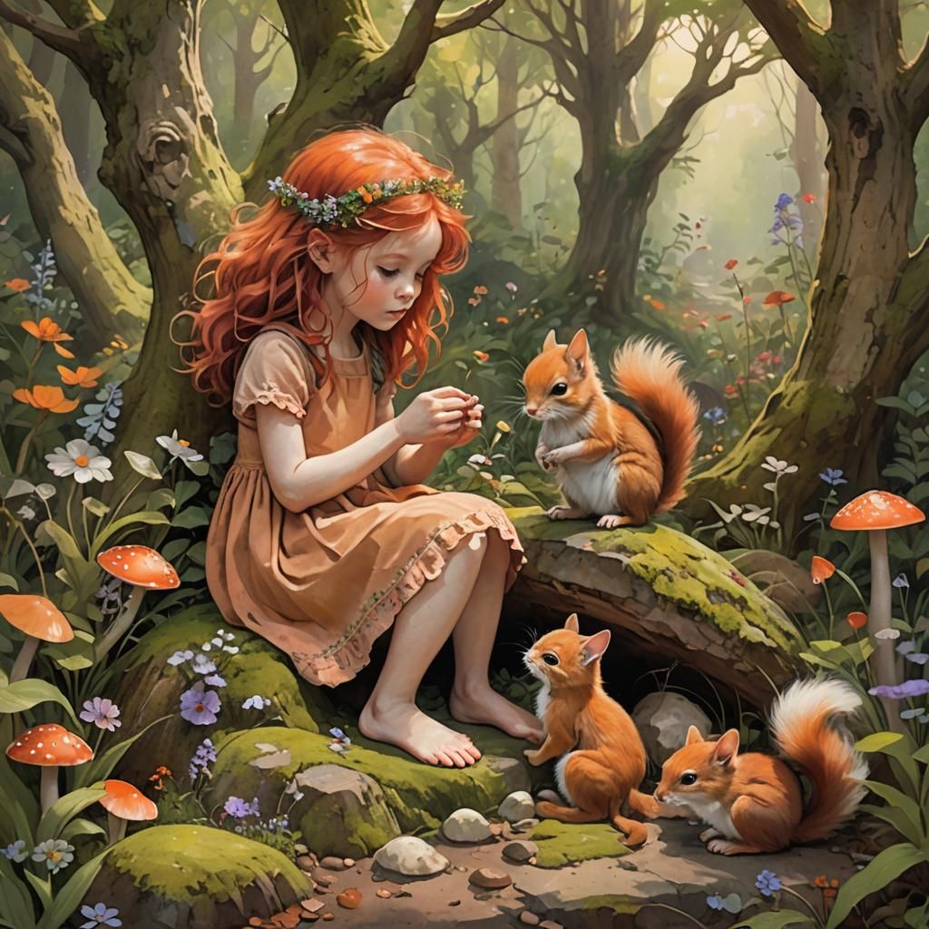 Girl and Kitten in Whimsical Forest, Matte Painting