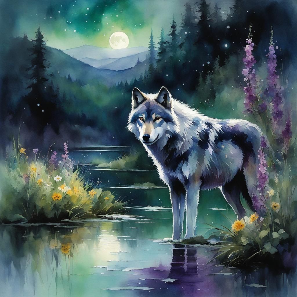 Watercolor Wolf in a Summer Landscape