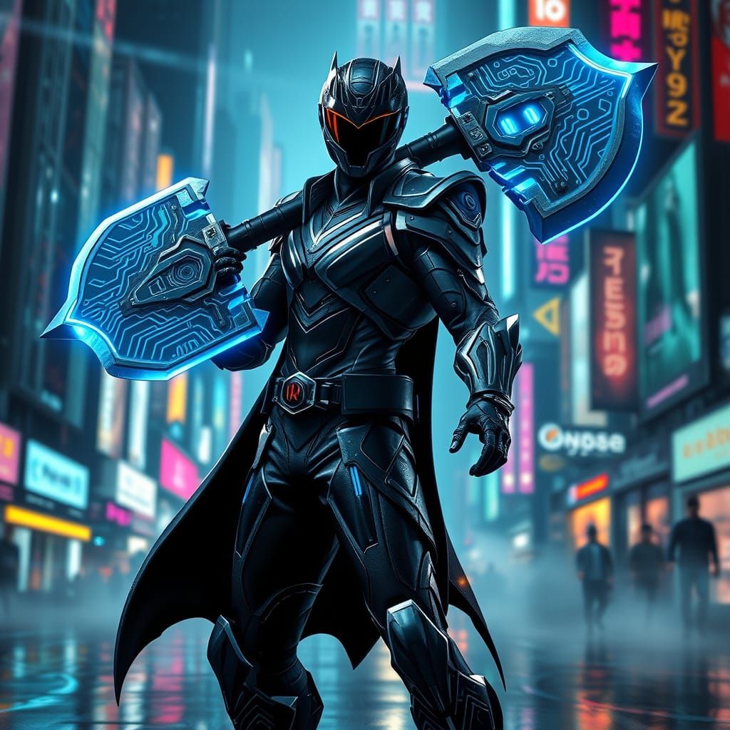 Cyberpunk Warrior Wields Futuristic Axe