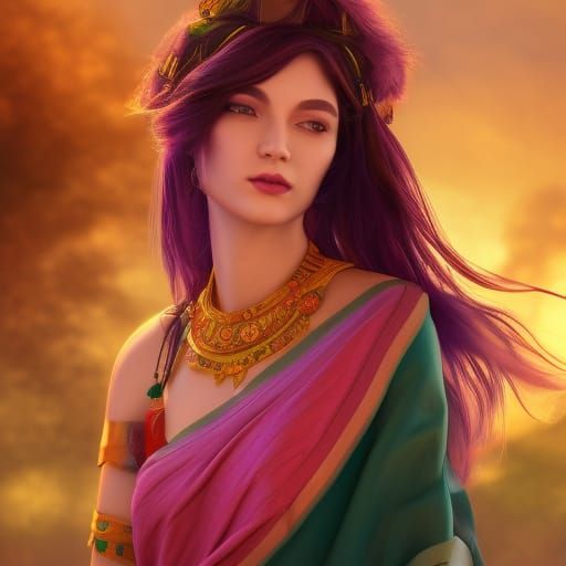 Girl in Silk Saree: Detailed Matte Painting
