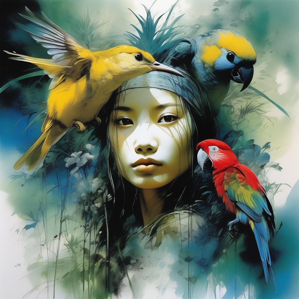 Rainforest Animals and Plants in Sumi-e Portrait