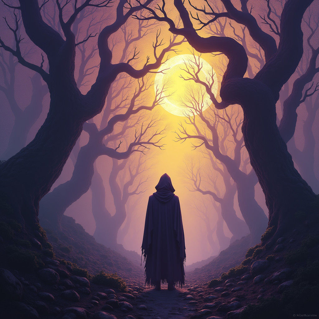 Hooded Traveler in Dark Fantasy Forest