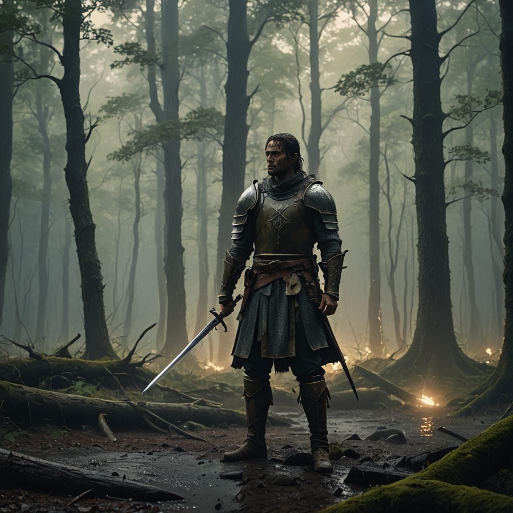 Warrior in Mystical Forest: Fantasy Film Still