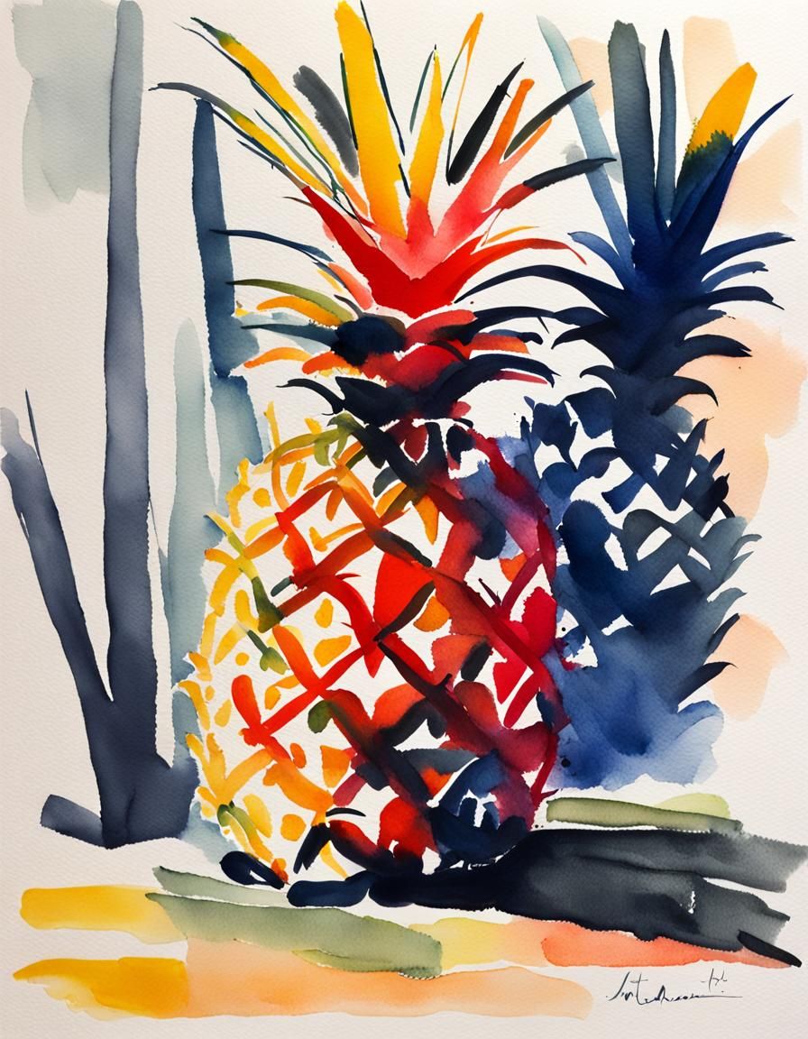 Whimsical Pineapple in Fauvist Ink and Wash Style