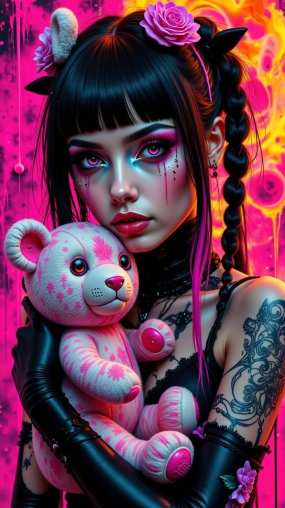 Goth-Punk Cyberpunk Princess with Teddy Bear