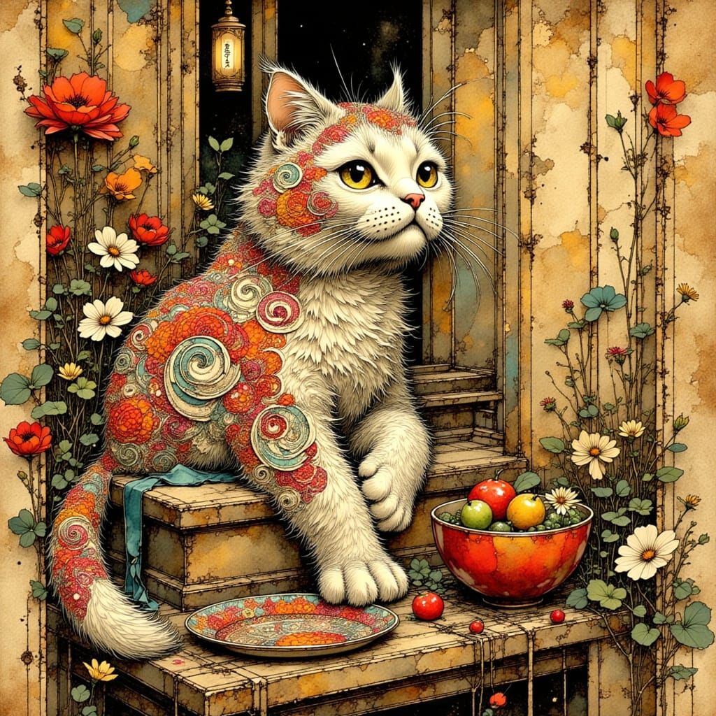 Exquisite Brocade Cat in 19th-Century Asian Art Style