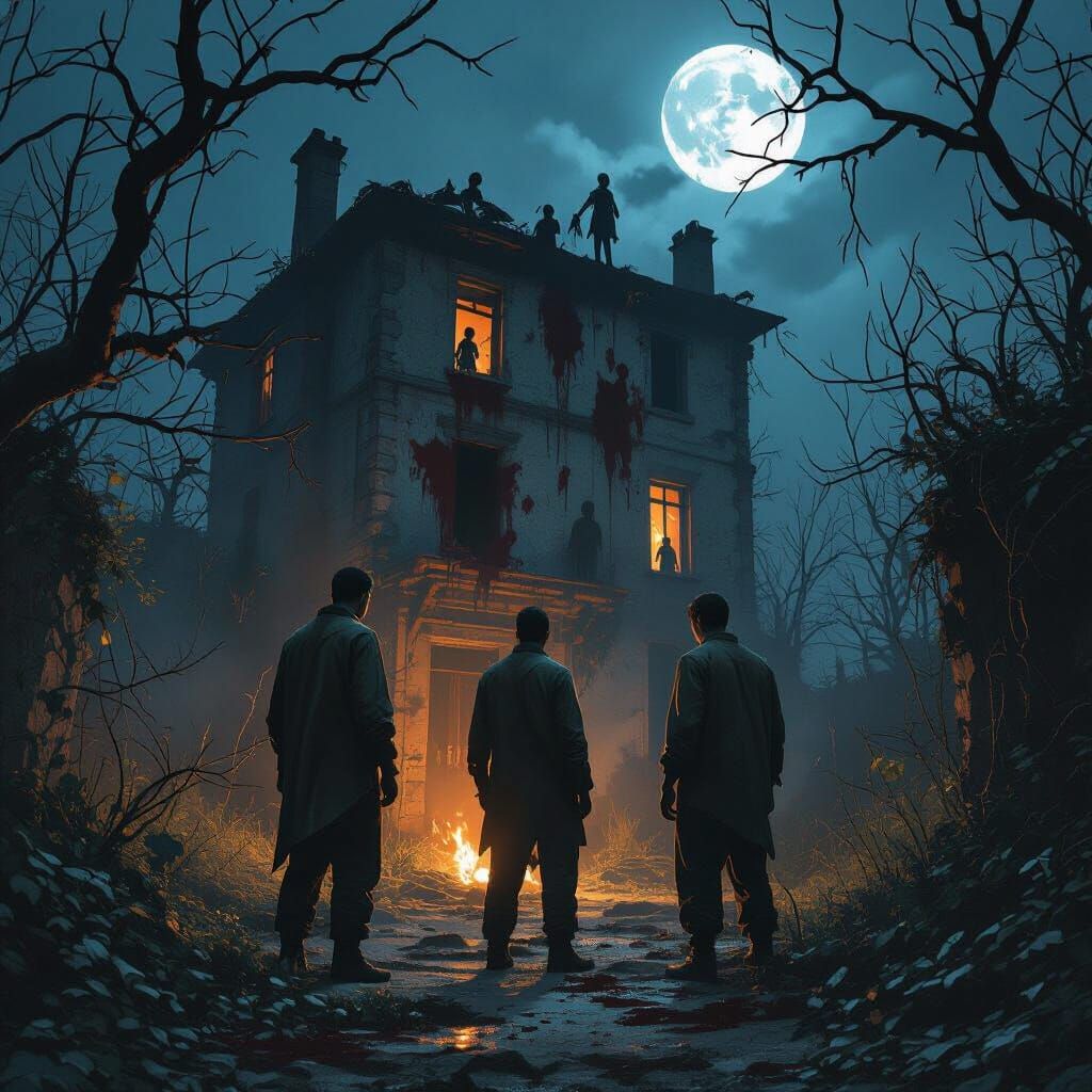 Eerie Moonlight Dance: Derelict Building Horror Scene