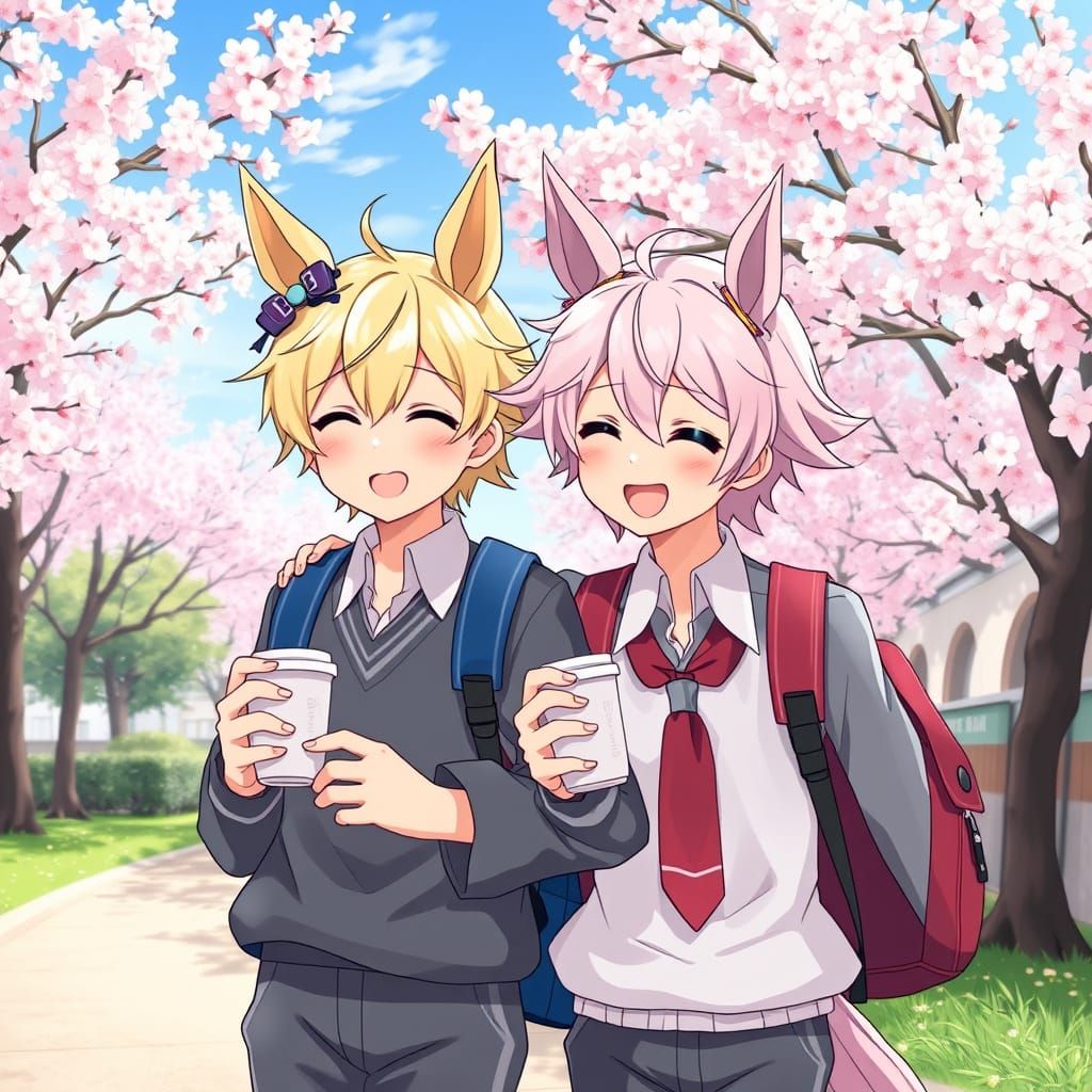 Cute Boys in Anime Style Japanese School Uniforms Stroll Thr...